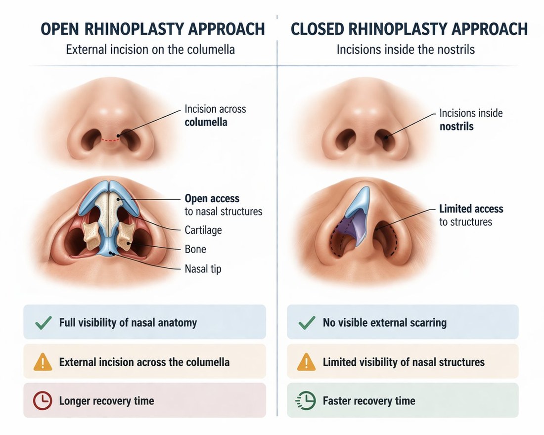 Comparison diagram showing closed rhinoplasty technique with internal incisions versus open rhinoplasty with external columella incision